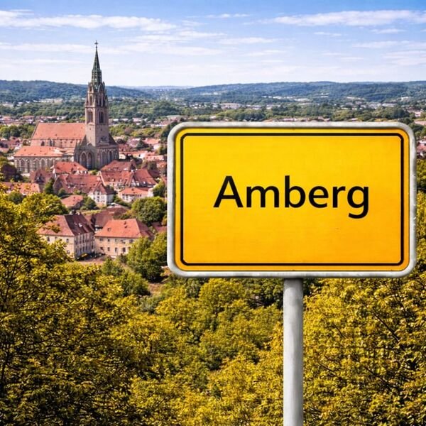 Gelbes Ortsschild Amberg mit Stadt im Hintergrund
