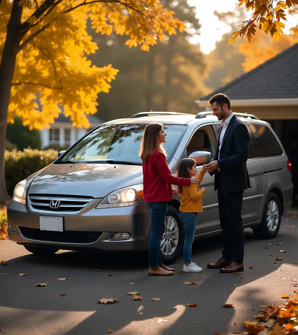 Eine Familie übergibt ein Auto an einen Händler beim Autoankauf Amberg vor dem Haus